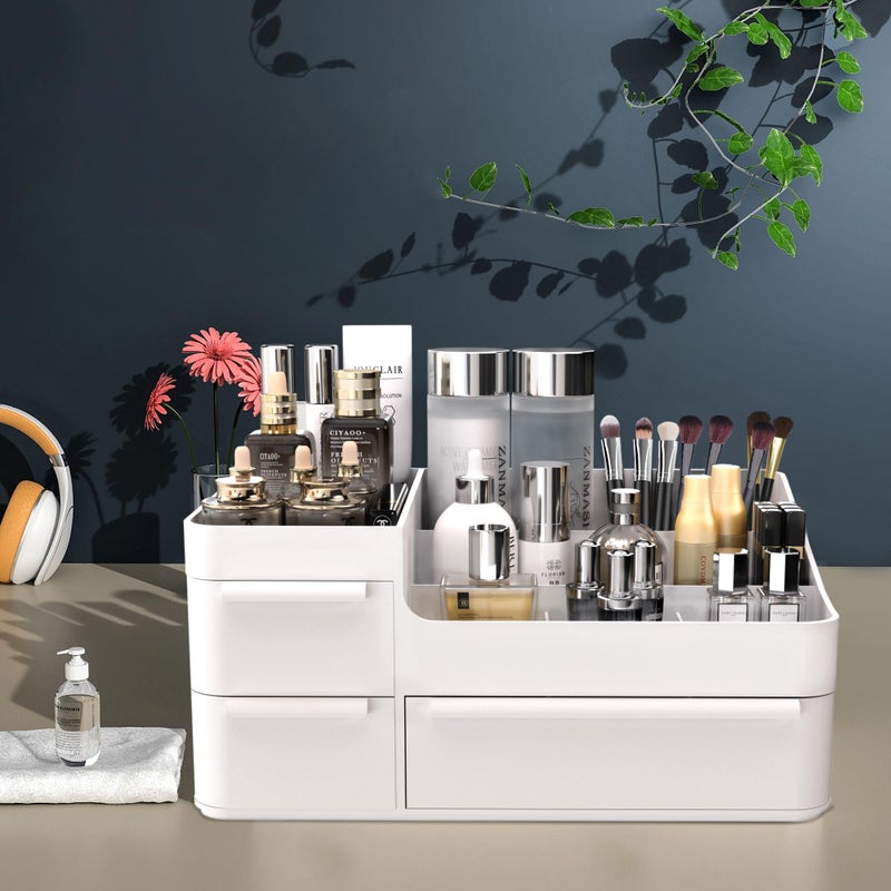 CHANCETSUI Makeup Organizer With Drawers, Makeup Desk Organizer, Bathroom Countertop Organizer for Cosmetics, Vanity Holder for Lipstick, Makeup Brush Holder/Organizer (White) - Image 2